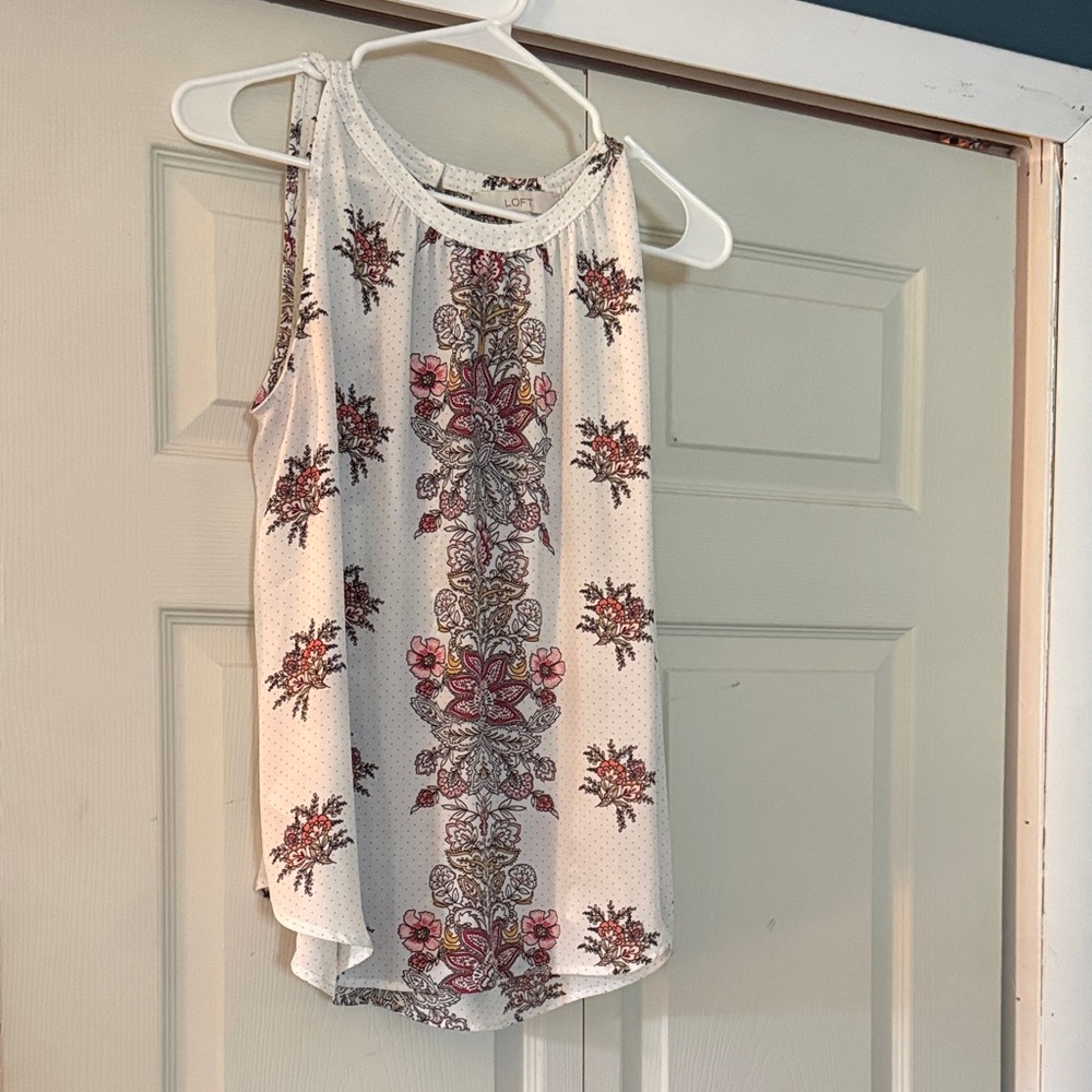 LOFT White Floral Print Sleeveless Halter Tank